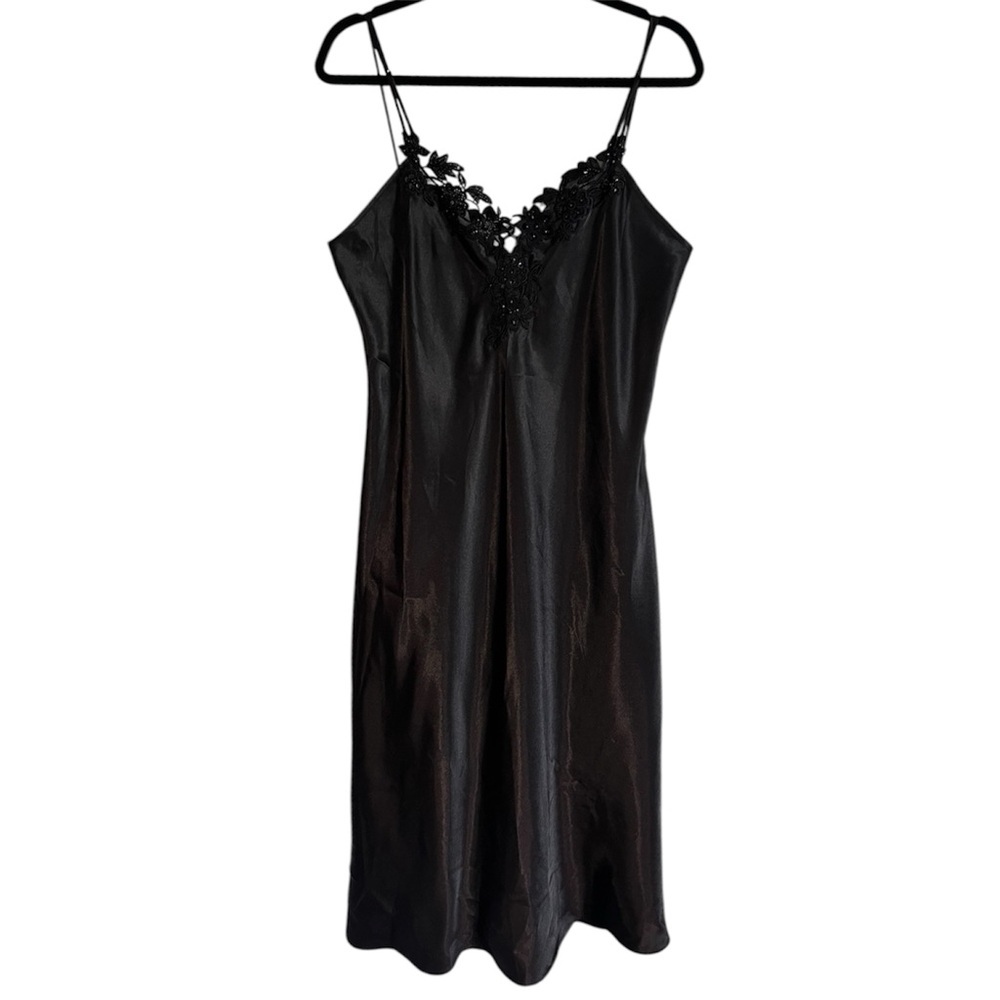 Vintage Y2K Black Satin Slip Dress Nightgown Lace Sequin Beaded Detail Sz Large